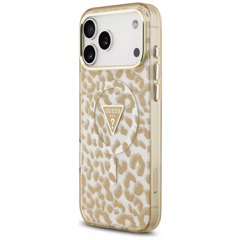 GUESS IML Leopard Glitter Triangle Logo MagSafe maciņš iPhone 18 Pro Max / 17 Pro Max - Brūns