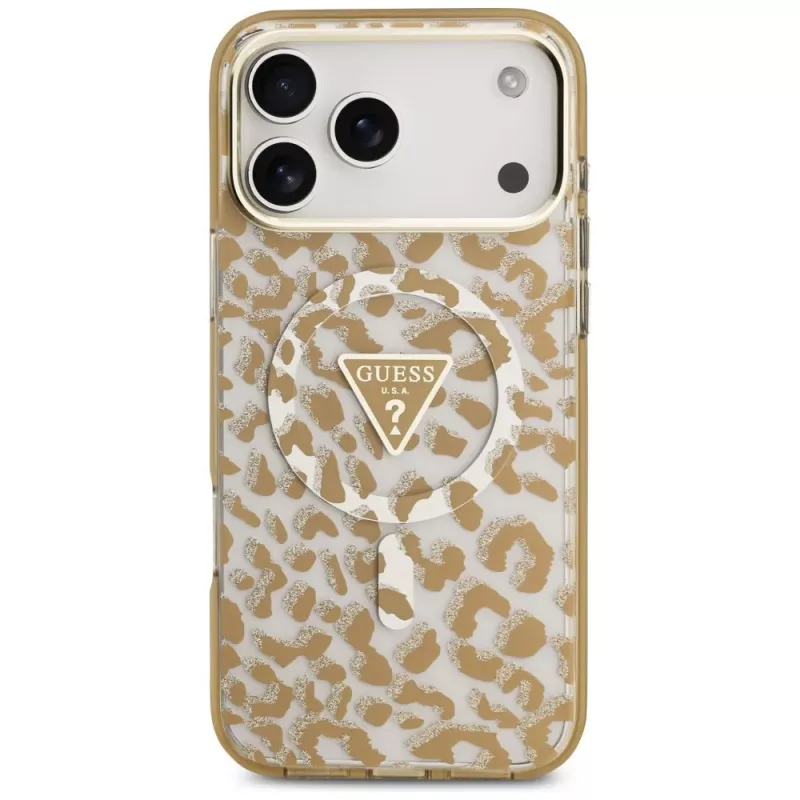 GUESS IML Leopard Glitter Triangle Logo MagSafe maciņš iPhone 18 Pro Max / 17 Pro Max - Brūns