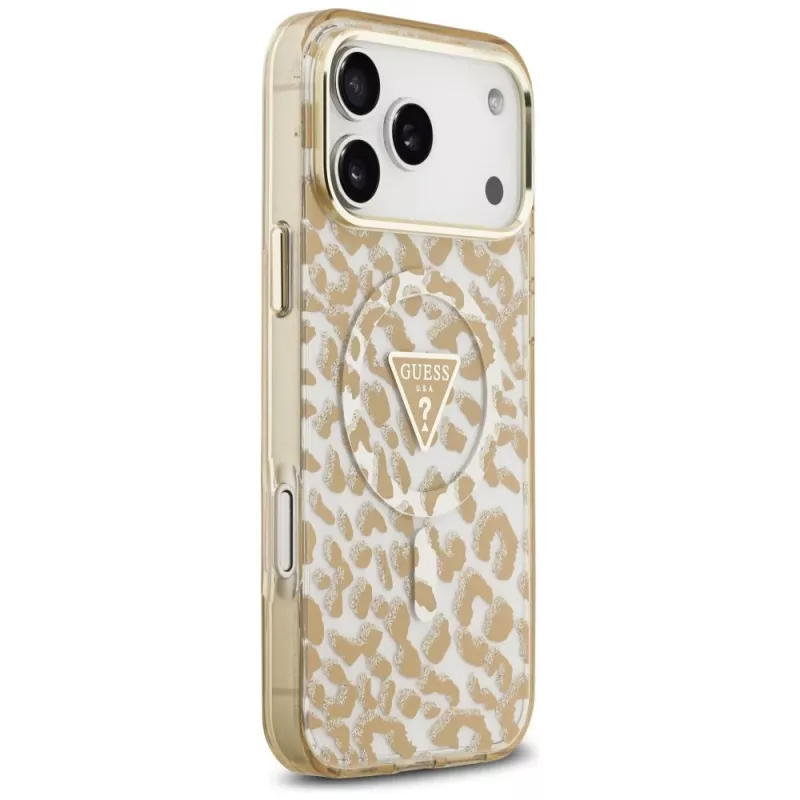GUESS IML Leopard Glitter Triangle Logo MagSafe maciņš iPhone 18 Pro Max / 17 Pro Max - Brūns