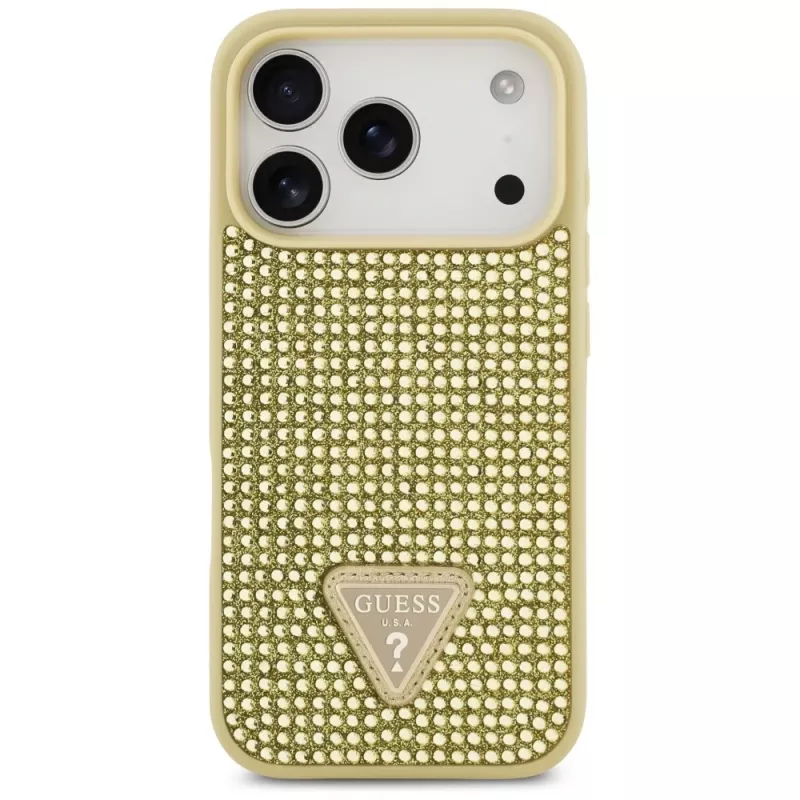GUESS Rhinestone Triangle Logo iPhone 17 Pro maciņš - Zelts