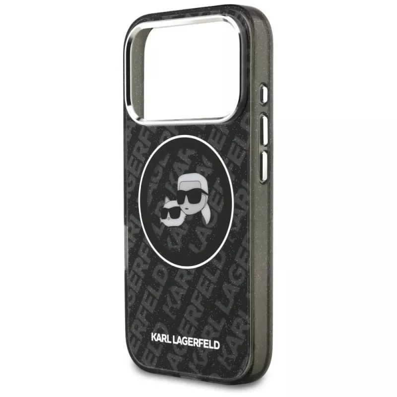 Karl Lagerfeld IML Glitter Karl & Choupette galvu logo MagSafe maciņš iPhone 17 Pro melns