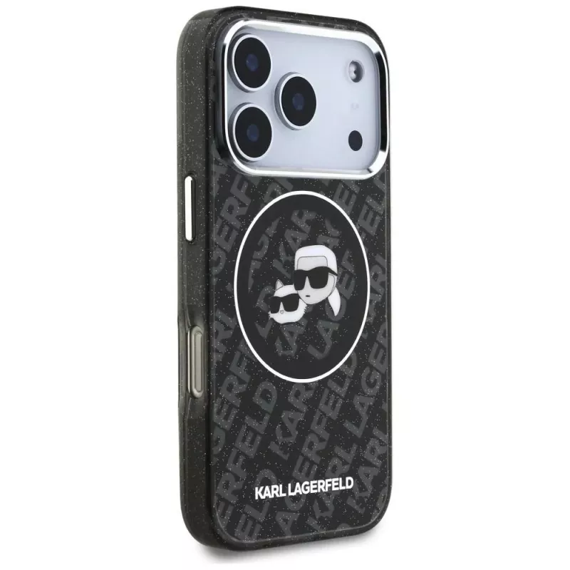 Karl Lagerfeld IML Glitter Karl & Choupette galvu logo MagSafe maciņš iPhone 17 Pro melns