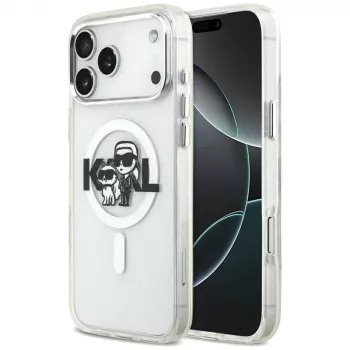 Karl Lagerfeld IML Glitter Karl & Choupette Sketch Logo Macīgais vāciņš iPhone 17 Pro Max, caurspīdīgs