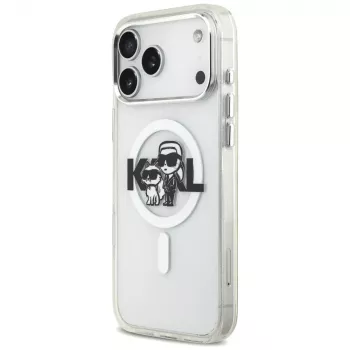 Karl Lagerfeld IML Glitter Karl & Choupette Sketch Logo Macīgais vāciņš iPhone 17 Pro Max, caurspīdīgs