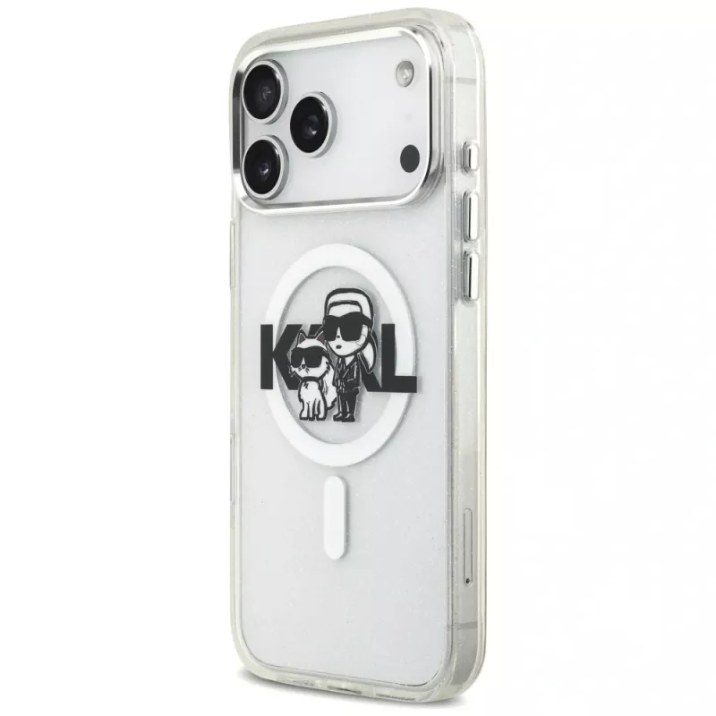 Karl Lagerfeld IML Glitter Karl & Choupette Sketch Logo Macīgais vāciņš iPhone 17 Pro Max, caurspīdīgs