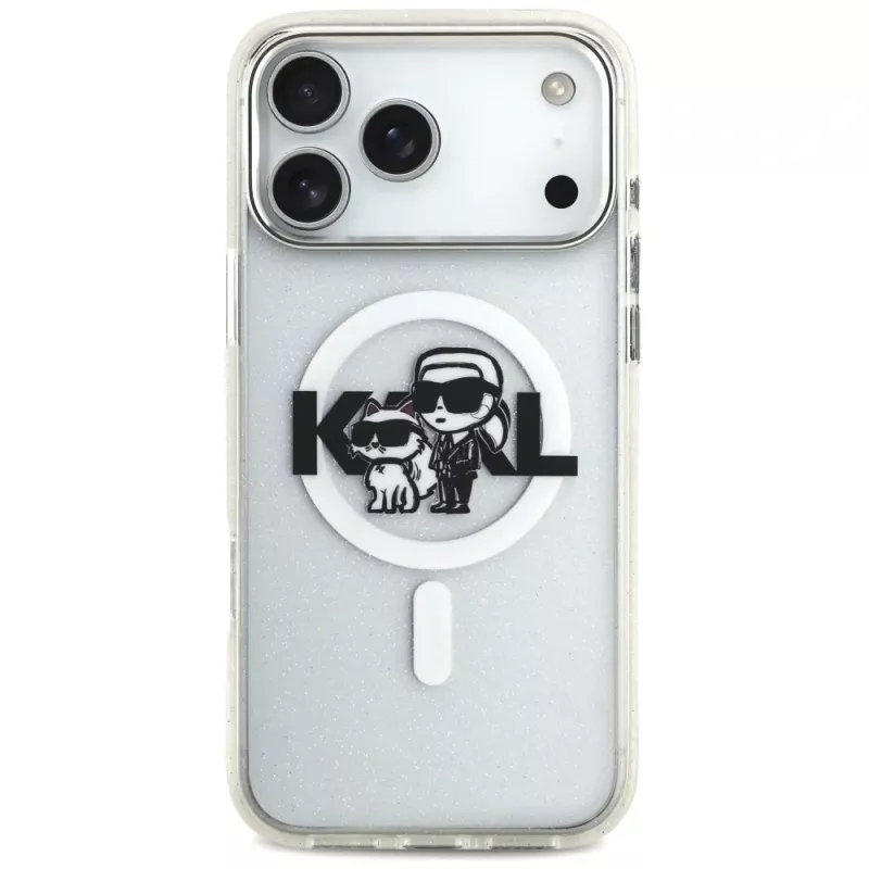 Karl Lagerfeld IML Glitter Karl & Choupette Sketch Logo Macīgais vāciņš iPhone 17 Pro Max, caurspīdīgs