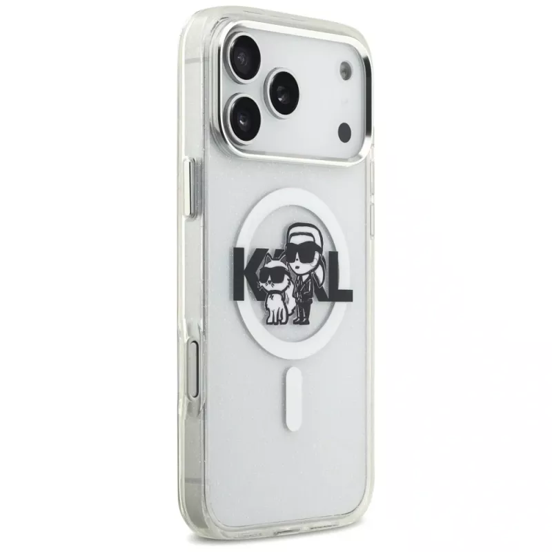 Karl Lagerfeld IML Glitter Karl & Choupette Sketch Logo Macīgais vāciņš iPhone 17 Pro Max, caurspīdīgs