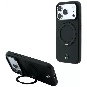 Mercedes ādas maciņš ar gredzena statīvu un MagSafe iPhone 18 Pro Max / 17 Pro Max - Melns