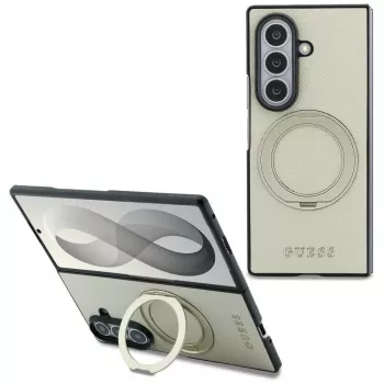 Guess Magnetic Ring Stand Grained Classic Logo Macīgais vāciņš Samsung Galaxy Z Fold 8 Ultra (Bēšs)