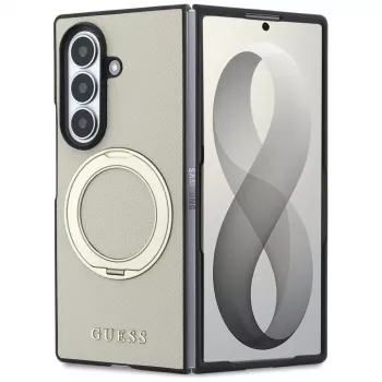 Guess Magnetic Ring Stand Grained Classic Logo Macīgais vāciņš Samsung Galaxy Z Fold 8 Ultra (Bēšs)