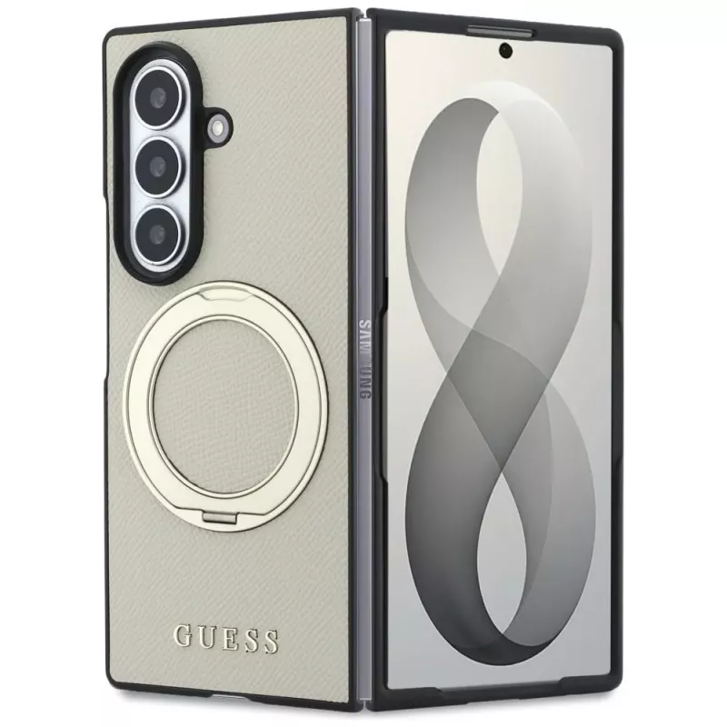 Guess Magnetic Ring Stand Grained Classic Logo Macīgais vāciņš Samsung Galaxy Z Fold 8 Ultra (Bēšs)