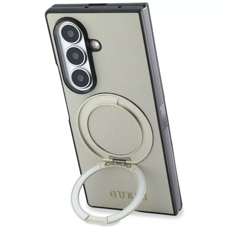 Guess Magnetic Ring Stand Grained Classic Logo Macīgais vāciņš Samsung Galaxy Z Fold 8 Ultra (Bēšs)
