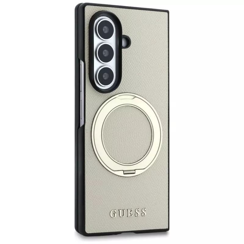 Guess Magnetic Ring Stand Grained Classic Logo Macīgais vāciņš Samsung Galaxy Z Fold 8 Ultra (Bēšs)