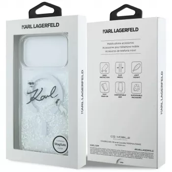 Karl Lagerfeld Liquid Glitter Karl Script Logo MagSafe maciņš iPhone 17 Pro caurspīdīgs