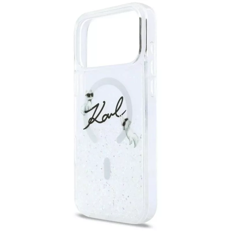 Karl Lagerfeld Liquid Glitter Karl Script Logo MagSafe maciņš iPhone 17 Pro caurspīdīgs