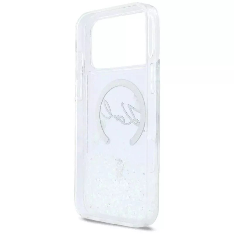 Karl Lagerfeld Liquid Glitter Karl Script Logo MagSafe maciņš iPhone 17 Pro caurspīdīgs
