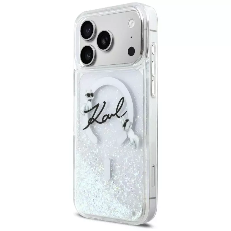 Karl Lagerfeld Liquid Glitter Karl Script Logo MagSafe maciņš iPhone 17 Pro caurspīdīgs