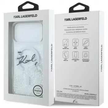 Karl Lagerfeld Liquid Glitter Karl Script Logo MagSafe maciņš iPhone 17 Pro Max, caurspīdīgs