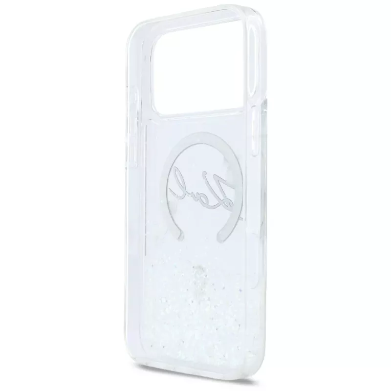 Karl Lagerfeld Liquid Glitter Karl Script Logo MagSafe maciņš iPhone 17 Pro Max, caurspīdīgs
