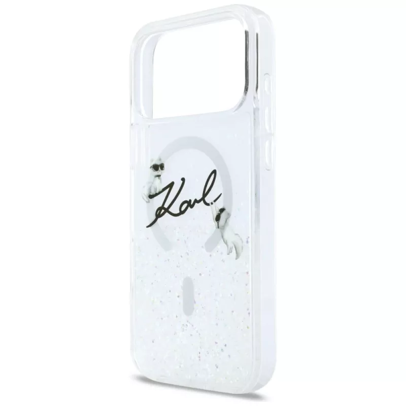 Karl Lagerfeld Liquid Glitter Karl Script Logo MagSafe maciņš iPhone 17 Pro Max, caurspīdīgs
