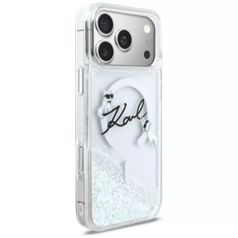 Karl Lagerfeld Liquid Glitter Karl Script Logo MagSafe maciņš iPhone 17 Pro Max, caurspīdīgs