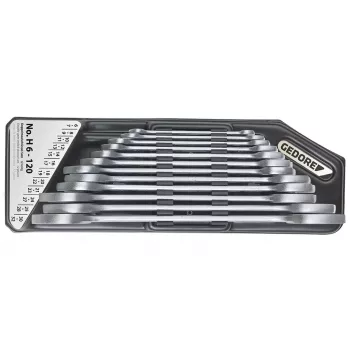 GEDORE H 6-120 Divpusējo atslēgu komplekts, 11 gab., metriskās 6-32 mm, vanādija tērauds 31CrV3, matēts hromēts, 15° leņķis, DIN 3110/ISO 3318, tekstila rullītis