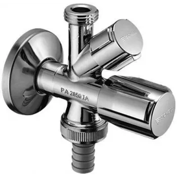 VALVE leņķa ventilis 1/2 collas x 1/2 collas x 3/4 collas ārējā vītne, hromēts misiņš, divi izvadi ar pretplūsmas aizsargu