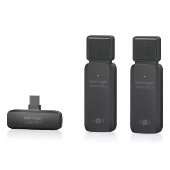 Behringer SMART MIC 2 bezvadu viedtālruņa mikrofons ar Lightning, USB-C un 3,5 mm savienojumu, 2,4 GHz digitālais, omnidirekcionālais kondensatora, līdz 100 m darbības rādiuss, 7 h akumulators, iekļauts lavalier ieeja, vēja aizsargs un pārnēsāšanas maciņš