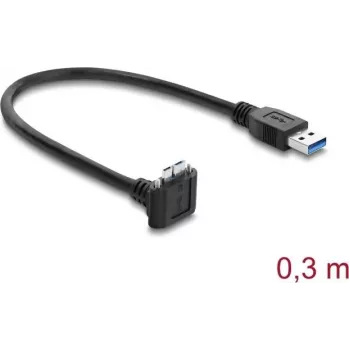 Delock USB 5 Gbps kabelis, USB Type-A vīrietis uz USB Micro-B vīrietis, skrūvju fiksācija, 90° uz augšu, 0,3 m, melns