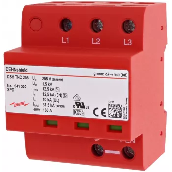 DEHN DSH TNC 255 kombinētais 1+2 tipa pārsprieguma aizsargs TN-C sistēmām, 4 polu, 255 V AC, 25 kA (10/350 µs) uz polu, 100 kA kopā, DIN sliedei, sarkans