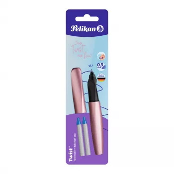 Pelikan Twist pildspalva rozā zilā krāsā, vidējs uzgalis - ergonomisks satvēriens abām rokām, blistera iepakojums