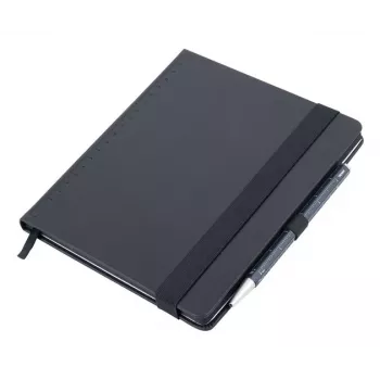 TROIKA BLACK SLIMPAD A5 piezīmju grāmatiņa un pildspalvas komplekts ar tumši zilu lodīšu pildspalvu, PU ādas vāku, 128 līnijotām lapām, elastīgo lenti, uzpildāms