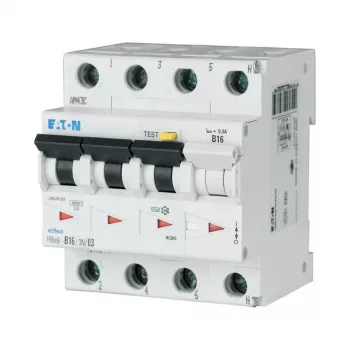 Eaton FRBM6-C16/3N/003-A diferenciālās strāvas un automātslēdzis (RCBO), 16 A, 30 mA, 3P+N, A tips, C raksturlīkne (170999)