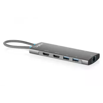DIGITUS USB-C dokstacija, 9 porti, HDMI 4K, VGA, 3x USB-A, USB-C dati, PD 100W, Gigabit Ethernet, karšu lasītājs, audio, alumīnijs