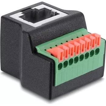 Delock RJ45 sieviešu uz 8-pinu spaiļu bloka adapteris, 90° leņķis, spiedpoga, melns