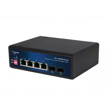 ALLNET ALL-SGI8104v3 industriālais nevaldāmais Layer 2 slēdzis, 6 porti GbE, 4x GbE RJ45, 2x SFP, bez ventilatora, IP40