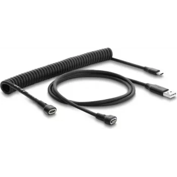 Delock magnētiskais spirālveida kabelis USB 2.0 Type-A vīrietis uz Pogo 4-pin vīrietis + USB Type-C vīrietis uz Pogo 4-pin sieviete adapteru komplekts melns 1.5 m