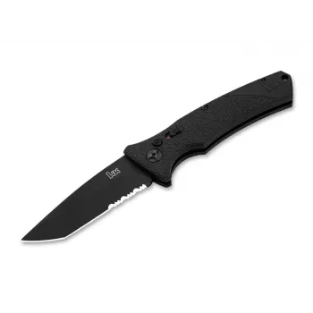 Heckler & Koch FD01 automātiskais Tanto salokāmais nazis - melns alumīnija rokturis, D2 tērauda asmens, pogas fiksators, 85 mm asmens