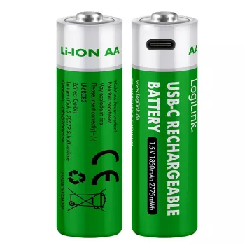 LogiLink LR6RCB2 USB-C uzlādējamas AA litija jonu baterijas, 2 gab., 1,5 V konstanta izvade, 2600 mWh