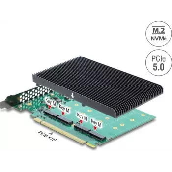 Delock PCI Express 5.0 x16 karte uz 4 x iekšējiem NVMe M.2 Key M ar radiatoru - Bifurkācija