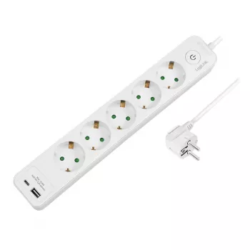 LogiLink LPS280U pagarinātājs ar 5 ligzdām un 2 USB portiem (USB-A un USB-C), 17W, balts