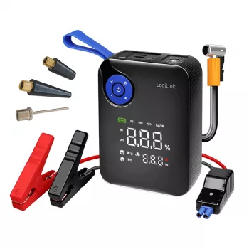 LogiLink PA0358 4-in-1 automašīnas palaidējbarošanas banka ar gaisa kompresoru, 7200 mAh, 200A starta strāva, LED lukturis
