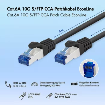 LogiLink Cat.6A S/FTP Patch vads, CCA, LSZH, Melns, 5m, EconLine