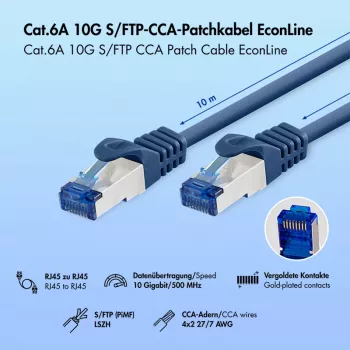 LogiLink EconLine Cat.6A S/FTP tīkla vads, CCA, LSZH, zils, 10 m