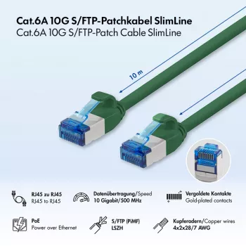 LogiLink SlimLine Cat.6A S/FTP LSZH Patch vads, zaļš, 10 m