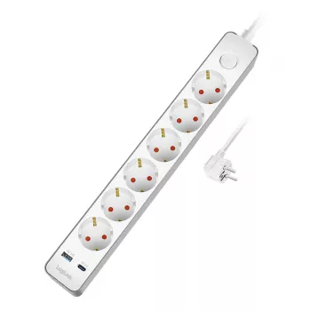 LogiLink kontaktligzdu josla ar 6 drošajām ligzdām, USB-A un USB-C PD 20W, spiedpogas slēdzis, 1,5 m, balta