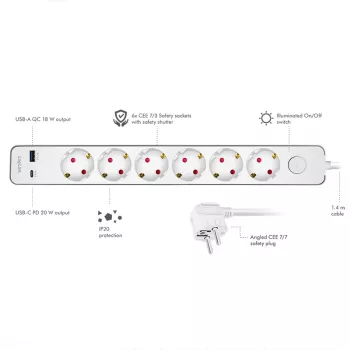 LogiLink kontaktligzdu josla ar 6 drošajām ligzdām, USB-A un USB-C PD 20W, spiedpogas slēdzis, 1,5 m, balta