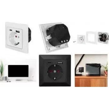 LogiLink PA0262B sienas kontaktligzda ar 1 Schuko ligzdu, 1 USB-A un 1 USB-C lādētāju, melna