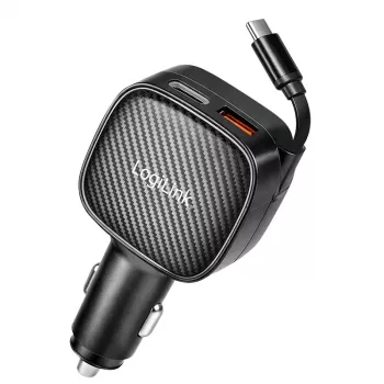 LogiLink USB auto lādētājs, 3 porti ar ievelkamu USB-C kabeli, 60W, PD, QC, melns