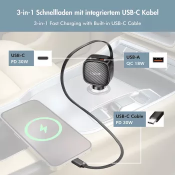 LogiLink USB auto lādētājs, 3 porti ar ievelkamu USB-C kabeli, 60W, PD, QC, melns